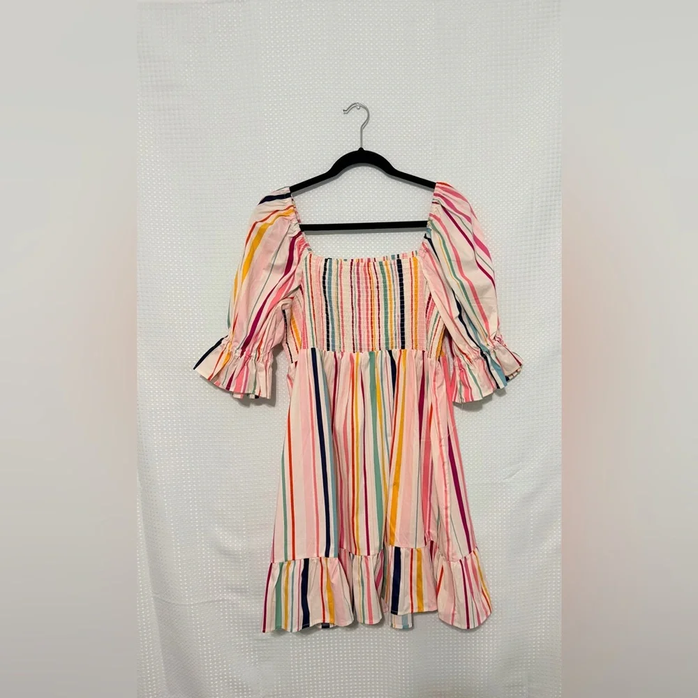 Eloquii Elements Rainbow Stripe Smocked Puff Sleeve Mini Dress Size 16 NWT - Picture 3 of 7